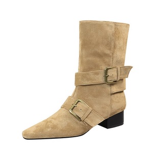 9625-1 Classic Retro Western Knight Boots Belt Buckle Thick Heel Square Head Suede Fashion Short Boots Medium Boots for 