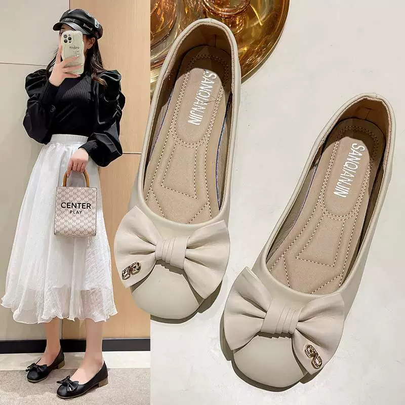 2025 новых корейских мягких туфель на среднем каблуке с бантом и квадратным носком, удобные и универсальные, мягкие туфли-бини