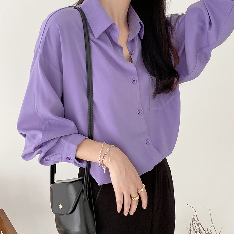 Li Zhiqiu's new female chiffon shirt female Korean version of loose long sleeve fresh solid color lapel top 910062