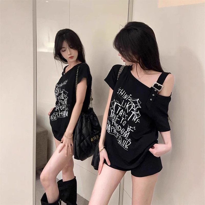 American-Style Hong Kong Fashion Spicy Girl Off-Shoulder Short-Sleeve T-Shirt for Women, Summer Design, Niche Style, Sweet and Cool, Loose Fit, Slimming Top