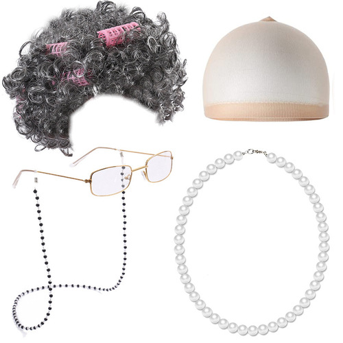 Halloween Granny Wig COS Granny Short Curly Hair Grandpa Middle-aged and Elderly Sketch Dress Up Set