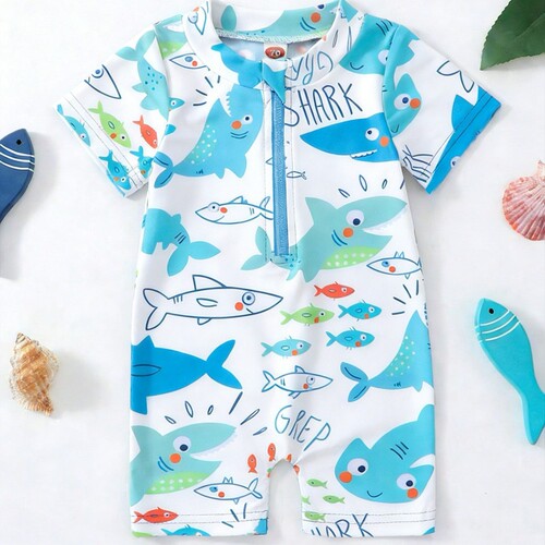 One-piece children's one-piece swimsuit, baby short-sleeved children's seaside beach clothes, baby quick-drying clothes, baby clothes, baby clothes.
