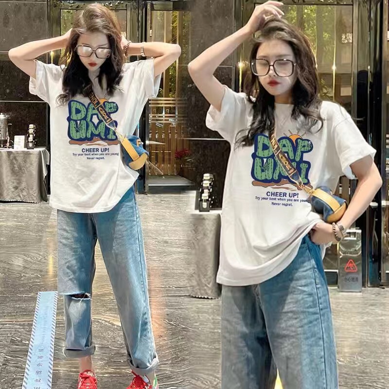 2024 New Women's Half-sleeved Thin Printed Stylisch Cotton T-shirt Summer Mid-length Short-sleeved Loose White Top 2024 New Women's Half-sleeved Thin Printed Stylisch Cotton T-shirt Summer Mid-length Short-sleeved Loose White Top