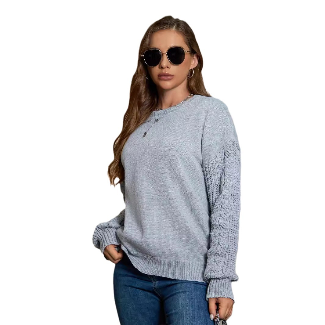 Fashionable pullover long-sleeved sweater cross-border round neck twist thread sweater Amazon solid color loose knitted top
