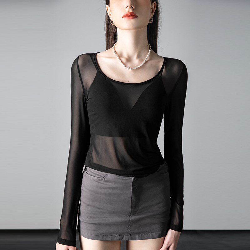 Soft Elastic Black Mist Mesh Top Sports Yoga Thin Base Shirt Stacked Overshirt Semi-transparent Long Sleeve Soft Elastic Black Mist Mesh Top Sports Yoga Thin Base Shirt Stacked Overshirt Semi-transparent Long Sleeve