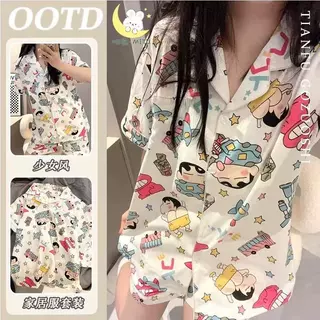 卡通蜡笔小新睡衣女新款开衫夏季短袖短裤可爱学生家居服套装外穿