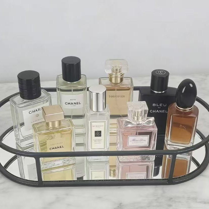 Espejo de lujo ligero bandeja de almacenamiento cosméticos perfumes joyas acabado estante de pastel estante de escritorio ins bandeja de aire