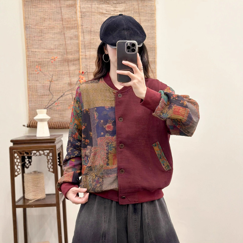 2025秋季新款 复古拼贴花卉贴布斜纹双纱外套 宽松圆领开衫外套女|undefined