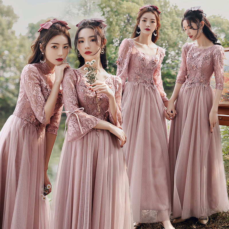Pink Bridesmaid Dresses with a High-End Feel, New Long-Sleeve Style for Petite Friends and Sisters, Slim-Fit Evening Gowns Pink Bridesmaid Dresses with a High-End Feel, New Long-Sleeve Style for Petite Friends and Sisters, Slim-Fit Evening Gowns
