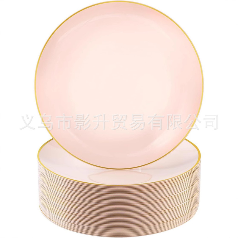 Factory Direct Sales Plastic Pink Gold-Rimmed Plate Black Plate Christmas Plate Set Disposable Dinner Plate Cross-Border Wholesale Goods