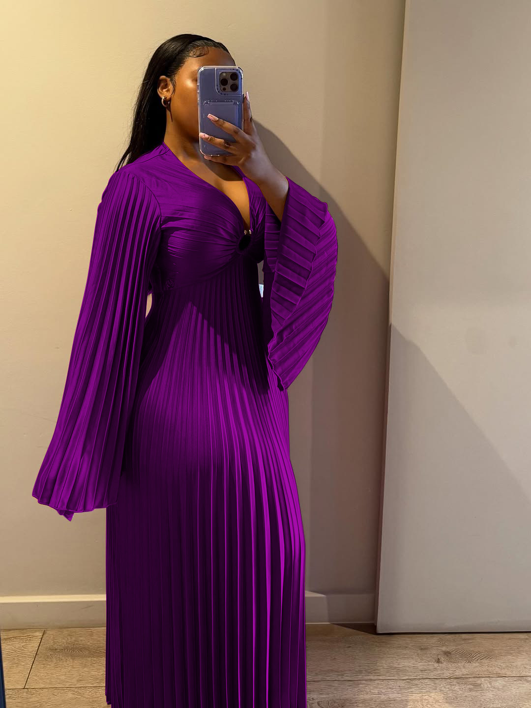 Women's Clothing Elegant Slim Fit Women's Dress V Neck Pleated Long Sleeve Solid Color Casual Spring/Autumn Dress_ecoleips.com