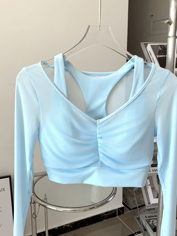 2025 新製品偽ツーピースメッシュヨガウェア Tシャツ女性の長袖通気性痩身フィットネスピラティストップ|undefined