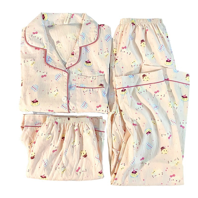 Japanese HelloKitty Cloud Hilo de algodón Pijamas de verano para mujer de manga corta lindo traje de tres piezas para estudiantes