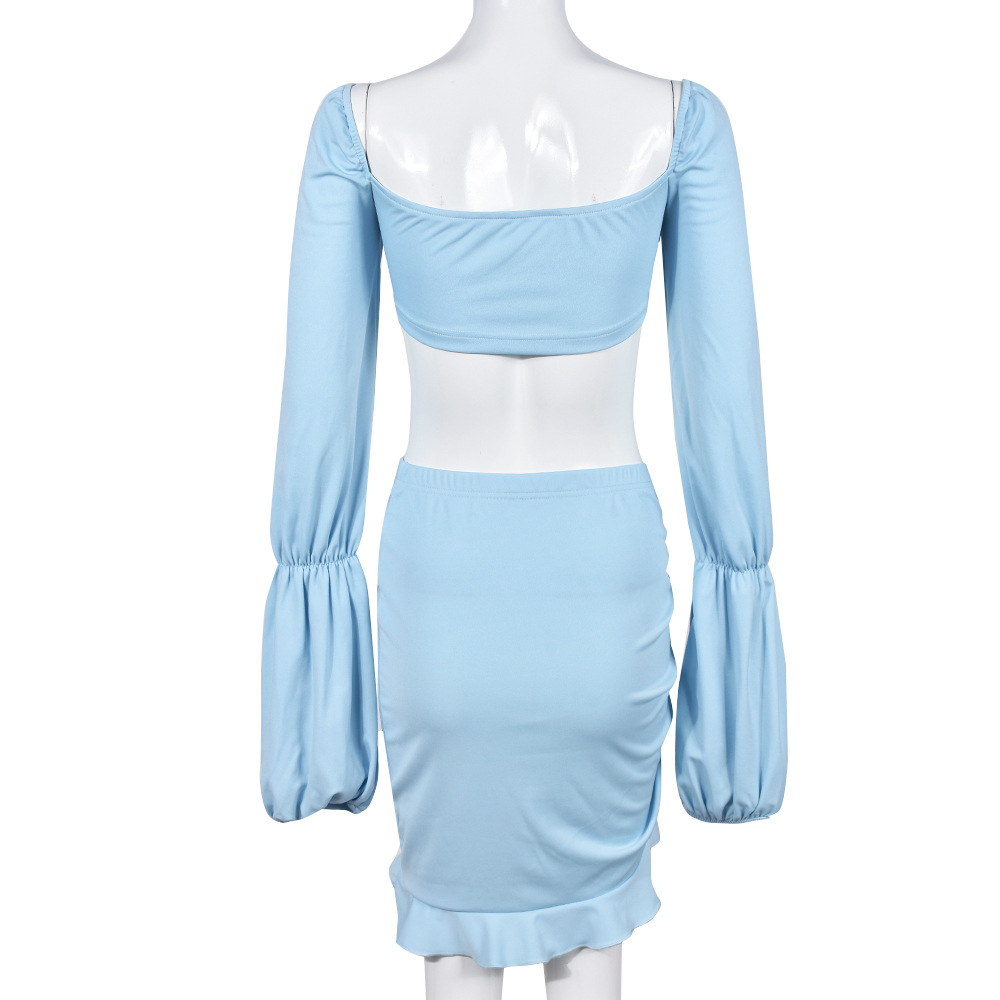 Spring Summer Women Clothing Hollow Out Cutout Corset Top Drawstring Short Skirt Two Piece Set