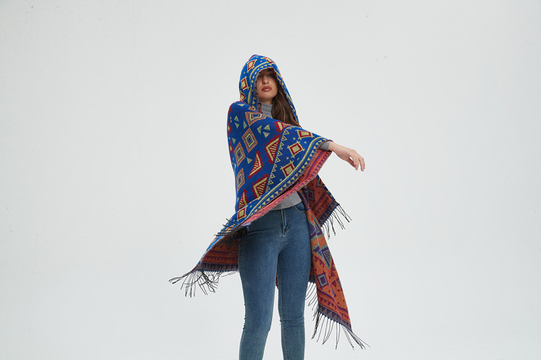 Unisex Hooded cape Winter travel jacquard fringed shawl for women_viptrois.com