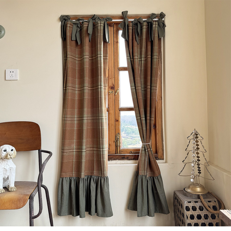 Mellow American Coffee Retro Green Curtain Door Curtain Shelter Curtain Thickened Woolen Air-conditioning Curtain Lace-up Punch-free Curtain