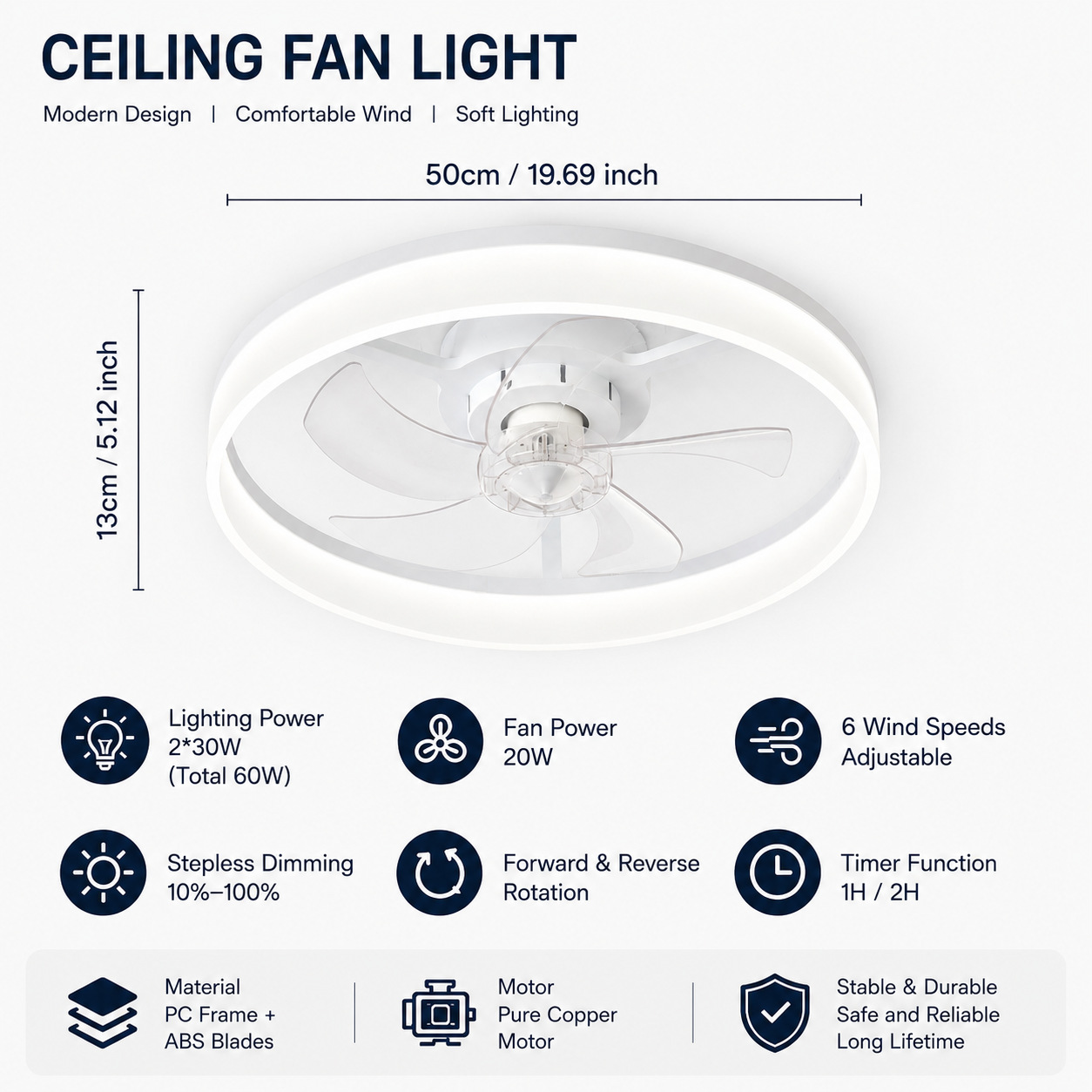 Ventilador de Techo con Luz de Acrílico y ABS, Control Remoto, Control por App, para Dormitorio y Comedor