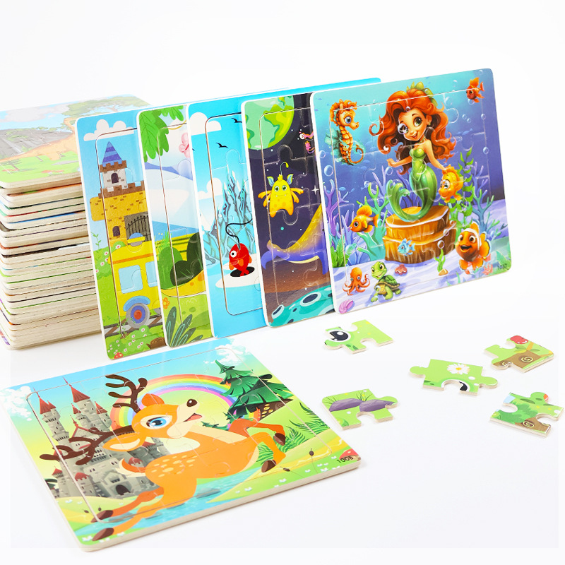 Venta caliente 16 piezas de madera rompecabezas niños Animal dinosaurio de dibujos animados avión rompecabezas bebé educación temprana rompecabezas cognitivo