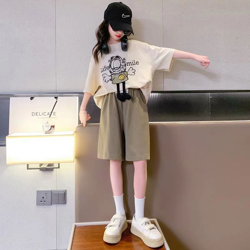 新款可代发女童夏装套装2025洋气女孩韩版卡通潮T短袖短裤夏季T恤