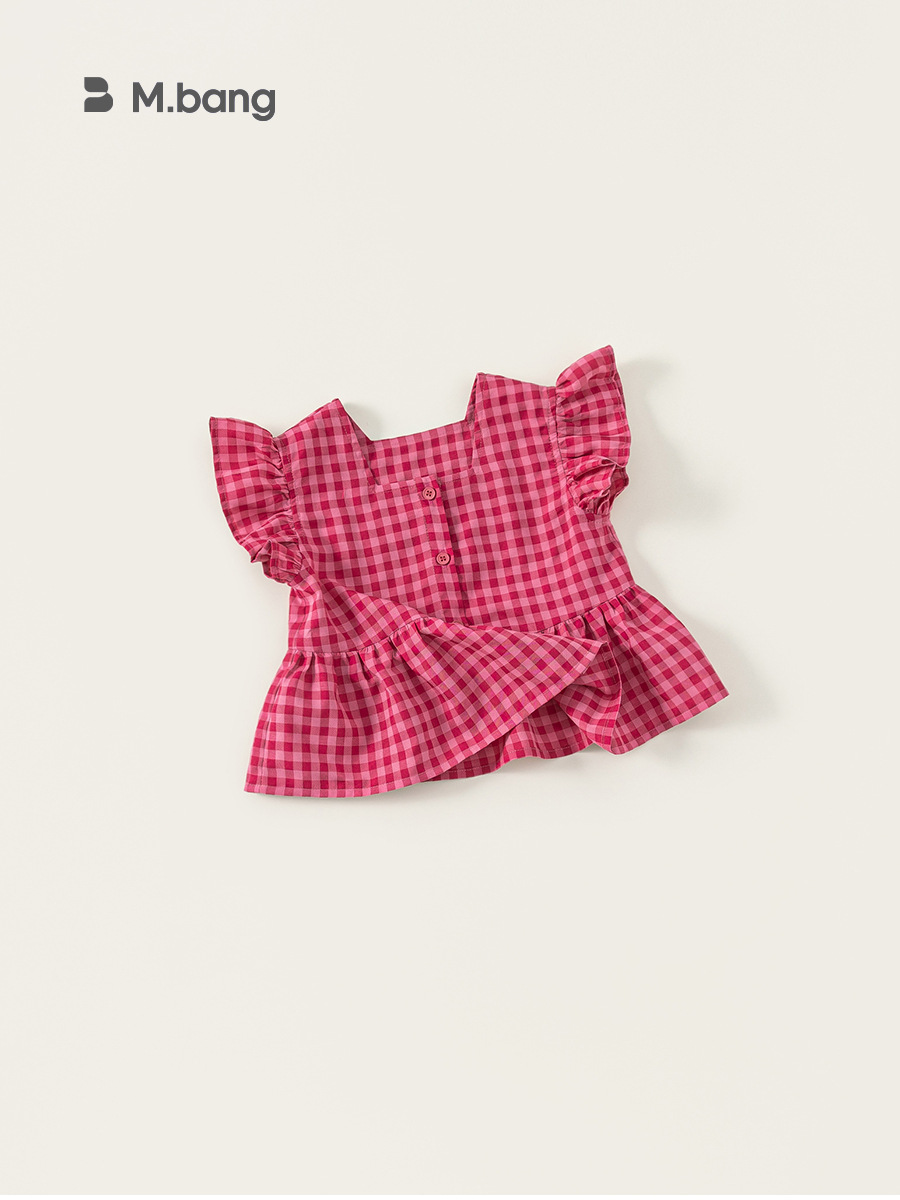 Youbao ropa para niños verano nuevo estilo coreano cuello cuadrado camisa de bebé blusa de encaje para niños niña pequeña camisa a cuadros con mangas voladoras