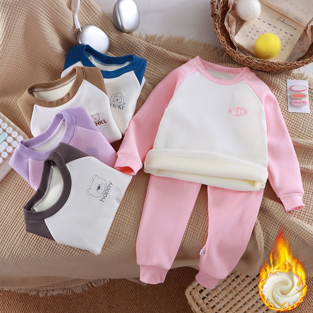 New Autumn and Winter Kidsren's Thermal Intimates Set Fleece-Lined Thickeneded Raglan Sleeves Color Matching Boys and Girls Pajamas Two-Piece Set
