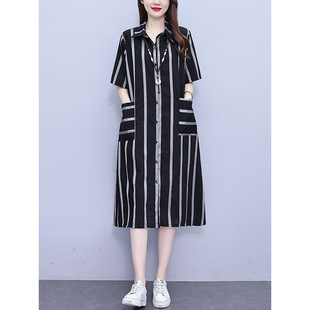 Fashion plus size dress Women's 2023 Summer New Korean-style Striped Western Style Mid-length Casual Loose Shirt Dress
