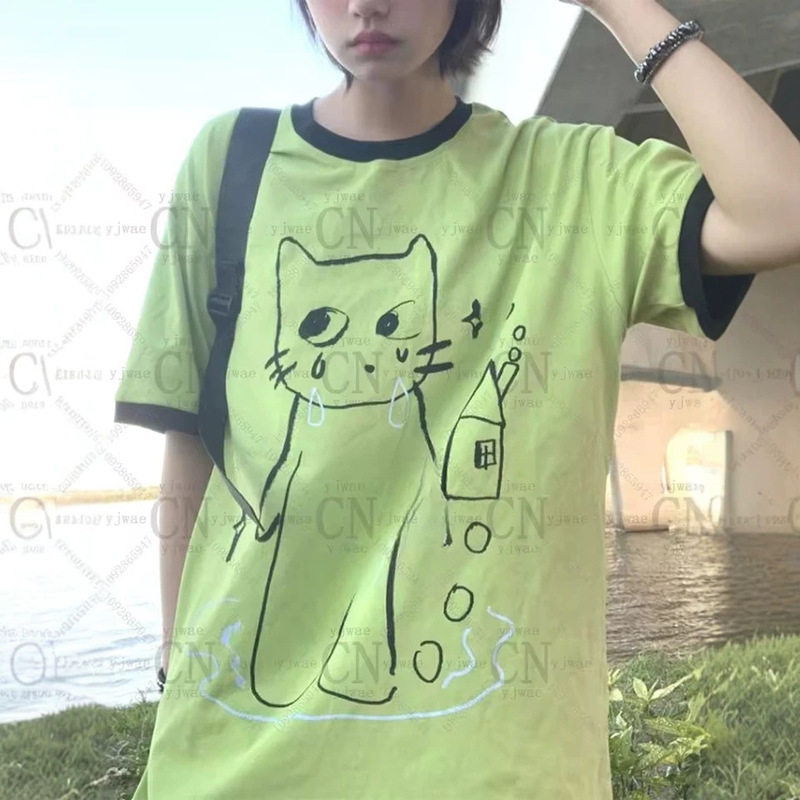 2026 Women's Millennium Retro Korean Fashion T-Shirt with Printed Cat Graphic, Short Sleeve, Fashionable Street Style, Summer Unisex T-Shirt 2026 Women's Millennium Retro Korean Fashion T-Shirt with Printed Cat Graphic, Short Sleeve, Fashionable Street Style, Summer Unisex T-Shirt