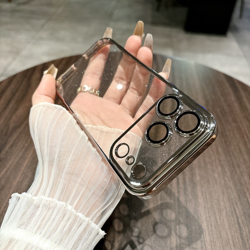 网红全身闪粉PC适用iPhone17pro手机壳电镀光滑边13/14带镜膜硬壳|undefined