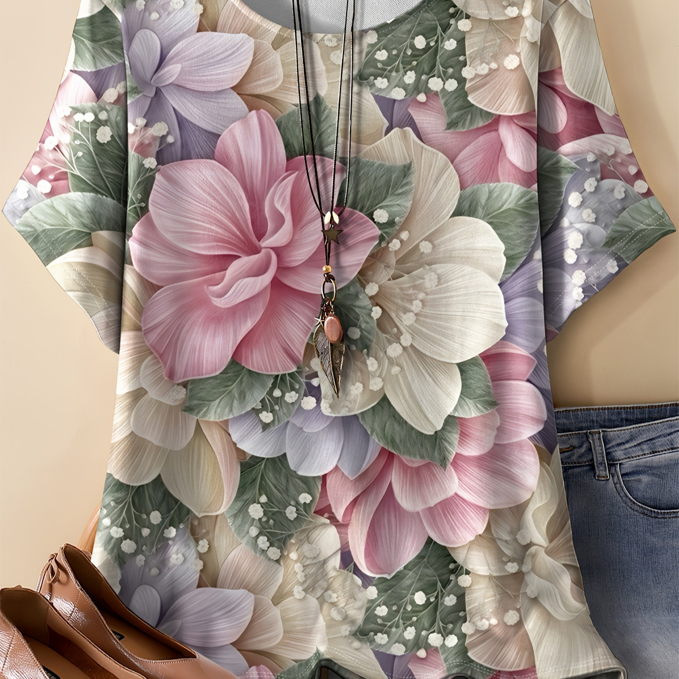 Floral & Crow Print Oversized T-Shirt – Soft Milk Silk Blend Short Sleeve Tee Unisex Oversized Cut_ecoleips.com