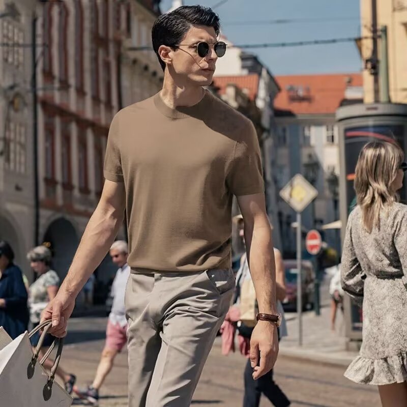 Estilo maduro ligero de negocios verano nuevo estilo casual botón de solapa ins tendencia suéter delgado POLO de manga corta para hombre