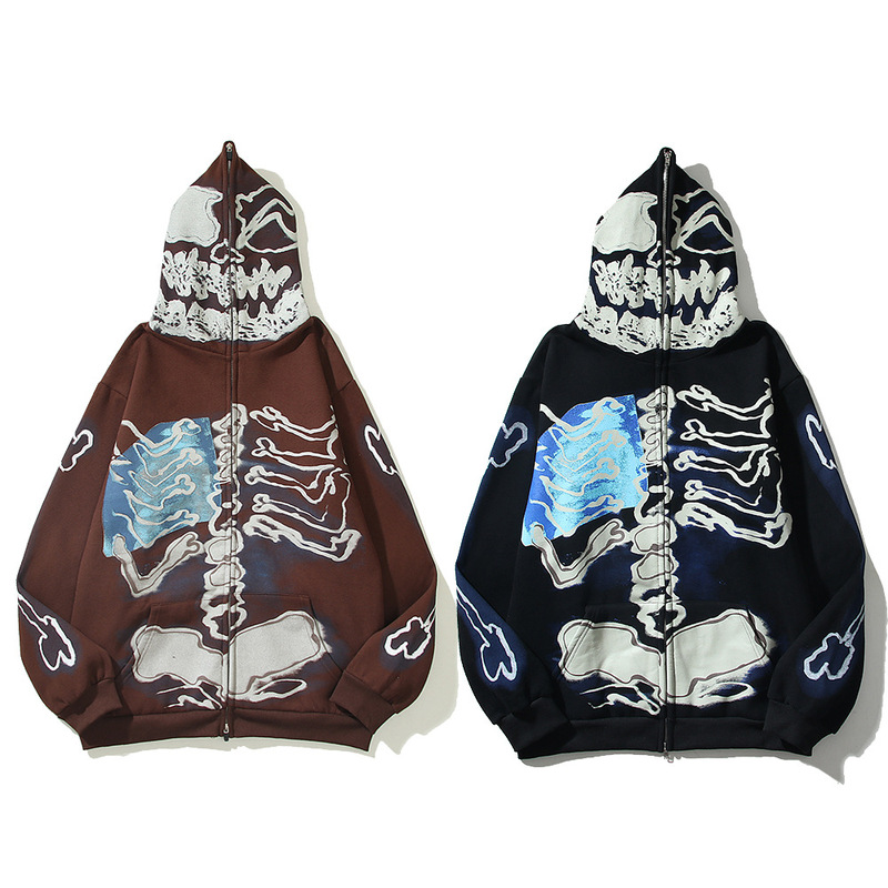 2026 Cross-Border American-Style Autumn and Winter Skull Zipper Cardigan Hooded Sweatshirt for Men and Women Casual Fleece-Lined Loose Hoodie Jacket