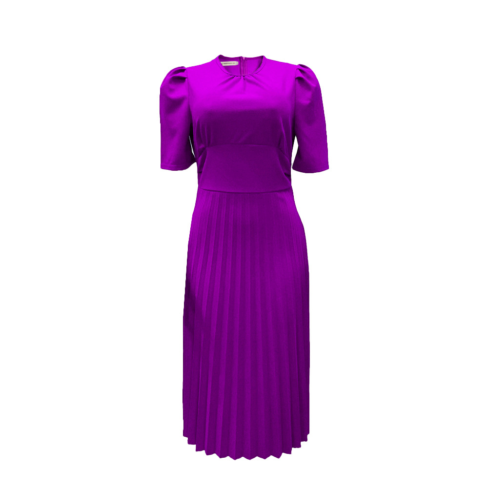 summer new short-sleeved pleated solid color foreign trade European and American large size cross-border dress_senzul.com
