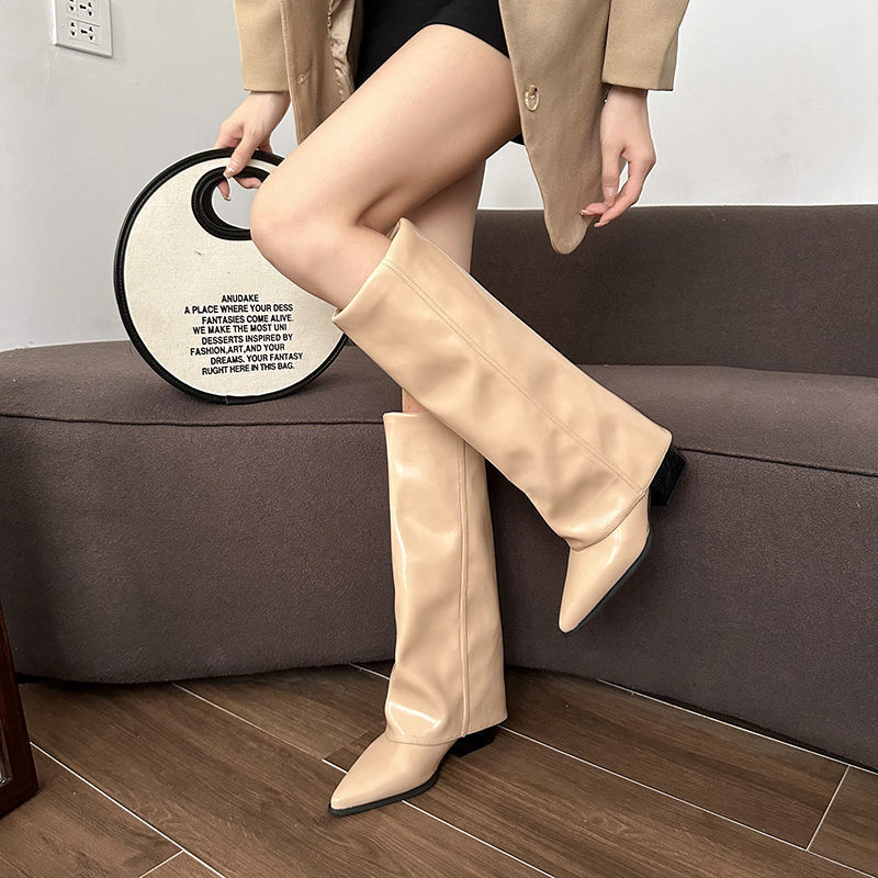 Autumn and Winter New Style Over-The-Knee Boots, Knee-High Heels, Thick Heels, Pointed Toe Trouser Boots, Retro Western Cowboy Knight Boots