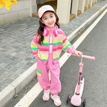 女小童棒球服套装春秋款女宝宝彩条卫衣秋装小女孩休闲运动两件套