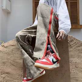 春秋新款美式街头嘻哈迷彩工装裤男潮牌宽松侧拉链直筒休闲长裤子