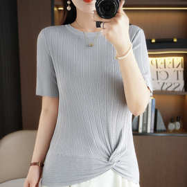 圆领冰丝扭结短袖T恤女2025夏季新款气质修身半袖针织衫纯色百搭