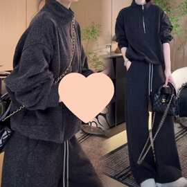 网红盐系炸街半拉链卫衣套装休闲时尚洋气保暖加绒裤子两件套