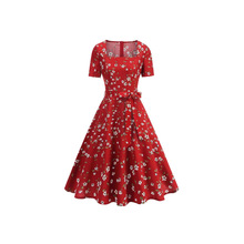 亚马逊热卖法式红色碎花长裙收腰复古连衣裙方领气质女装厂家直销