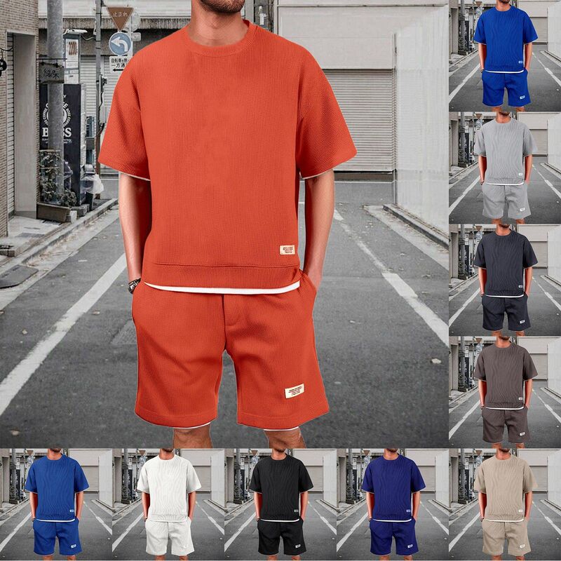 Waffle Summer Round Neck T-Shirt Shorts Two-Piece Men's Suit Comfortable Thin Fake Two-Piece Short-Sleeved Suit for Men