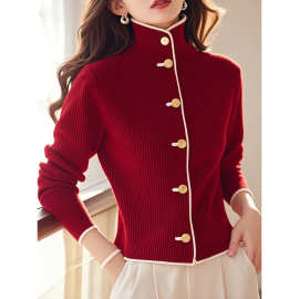 冬季独特别致漂亮上衣设计感小众时尚洋气气质减龄绝美红色针织衫