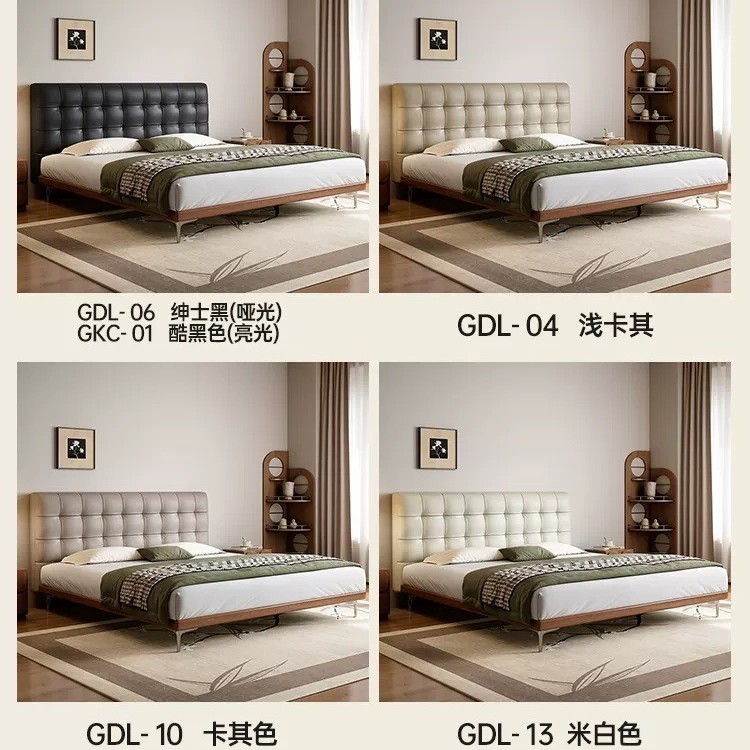Cama de cuero principal simple red retro madera de cera blanca minimalista waffle doble cama de madera sólida de envoltura suave piel de vaca