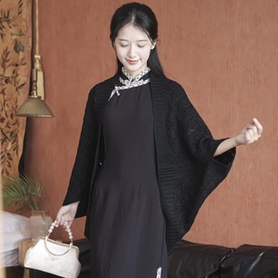 Summer Retro Cut Out Sleeves Black Knitted Cardigan with Cheongsam Shawl Cardigan Versatile Outer Shawl Feminine Spring & Fall