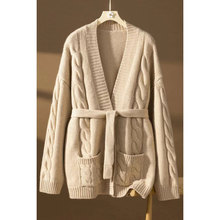 扭花加厚大开衫女中长款100纯羊毛衫粗线系腰欧货高端毛衣外套女