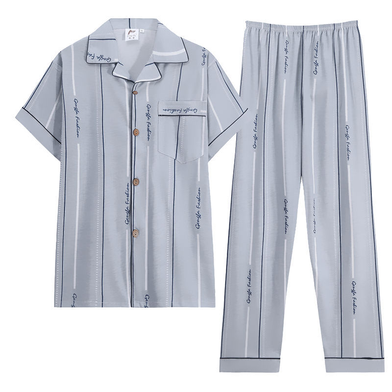 Pijamas de hombre de manga corta de verano de algodón puro ropa de hogar primavera y otoño Cardigan Pijamas de estilo Chanel DE ALTO aspecto