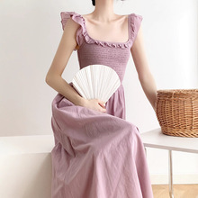潮ins宫廷风长裙法式有机棉方领连衣裙女春夏季复古香芋紫无袖连