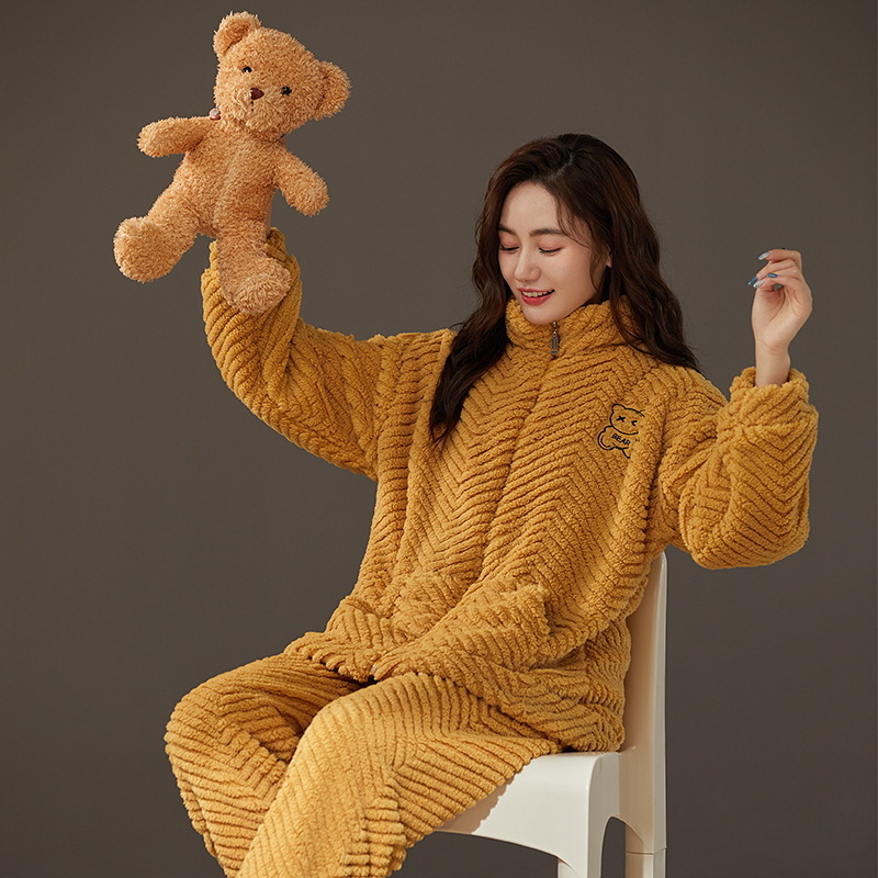 (2개) 여성 가을, 겨울 플러스 벨벳과 두꺼운 2023 새로운 지퍼 솔리드 컬러 플란넬 겨울 홈웨어를위한 산호 벨벳 잠옷