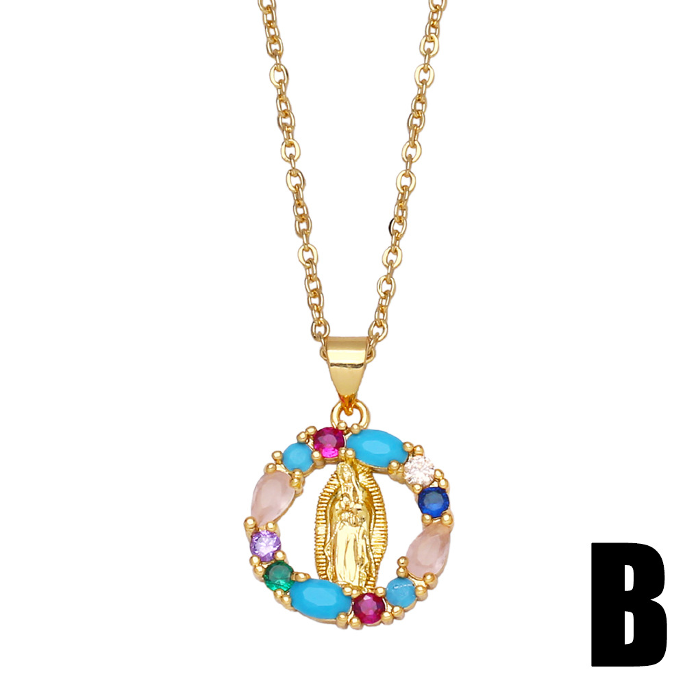 Fashion Inlaid Colored Zircon Necklace Virgin Mary Tag Copper Collarbone Chain display picture 4