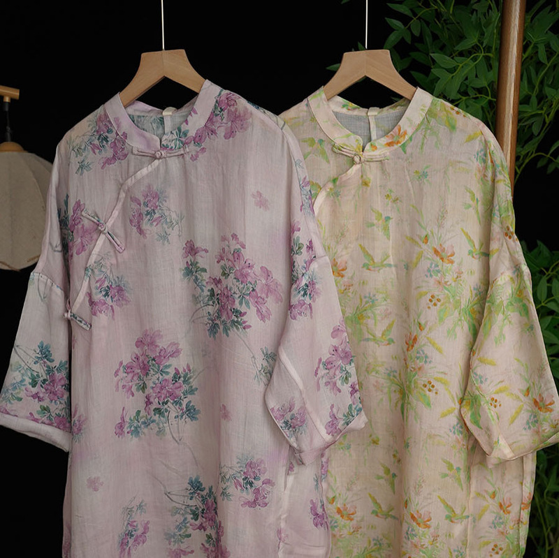 Summer 2025 New Artistic Retro Ramie Vertical Collar Slant Placket Button Mid-length Single-layer Cheongsam dress 266