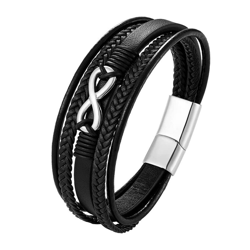 Men's Leather Bracelet with Stainless Steel Infinity Symbol, Electroplated Magnetic Clasp, Multi-Layer Leather Infinity Symbol Bracelet