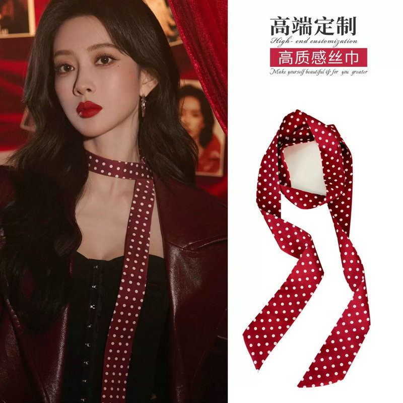 Red polka dot silk scarf-145cm